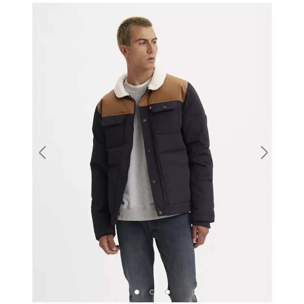 Levi’s Woodland Quilted Puffer Jacket Navy & Brown sz S NWOT